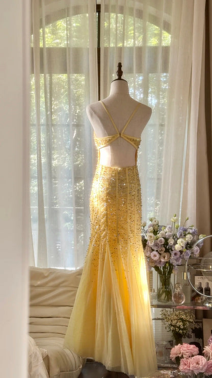 Robe De Soirée Longue Formelle Jaune Sirène Vintage À Bretelles Fines Avec Perles MP1068