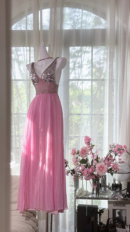 Robe de soirée longue trapèze chic en mousseline de soie rose et verte, col en V, sans manches, pour bal de promo MP972