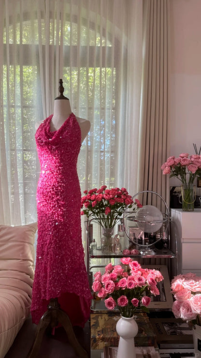 Robes de bal sans manches à paillettes rose vif, licou sirène scintillante, tenues de soirée MP1110