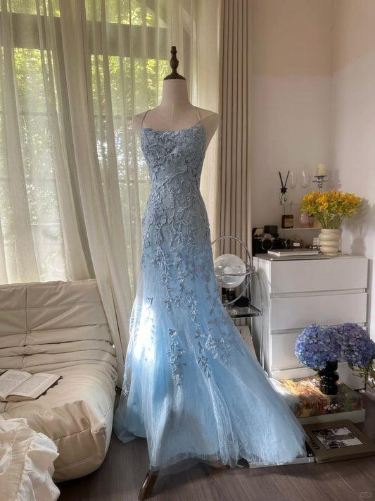 Vintage Mermaid Spaghetti Strap Light Sky Blue Backless Lace Formal Gown Long Evening Night Prom Dresses MP1067