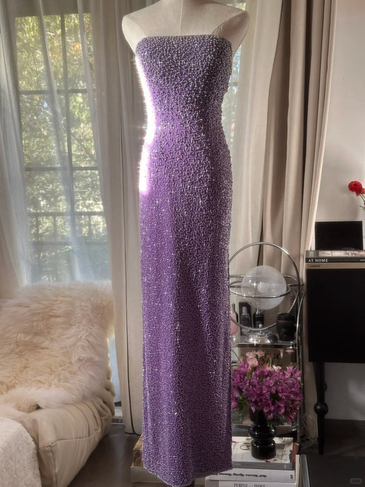 Modest Sheath Strapless Lilac Sequin Floor Length Sleeveless Formal Gown Evening Prom Dresses MP1079