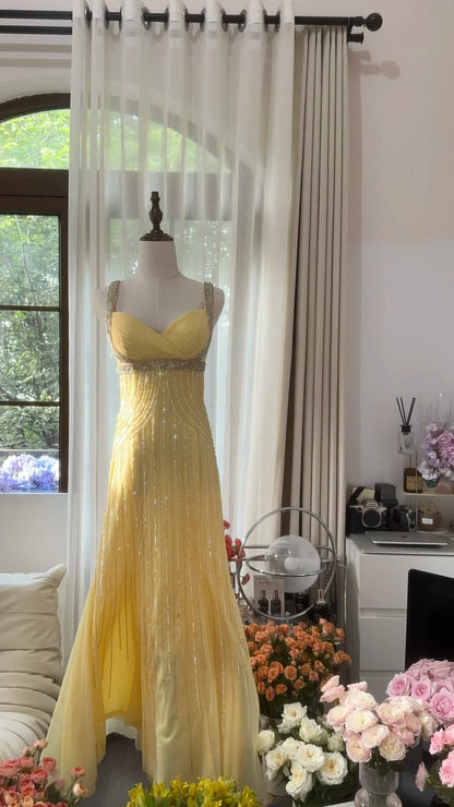 Vintage Meerjungfrau Sweetheart Gelb Rückenfrei Chiffon mit Perlen Abendkleid Lang Ballkleid MP1073