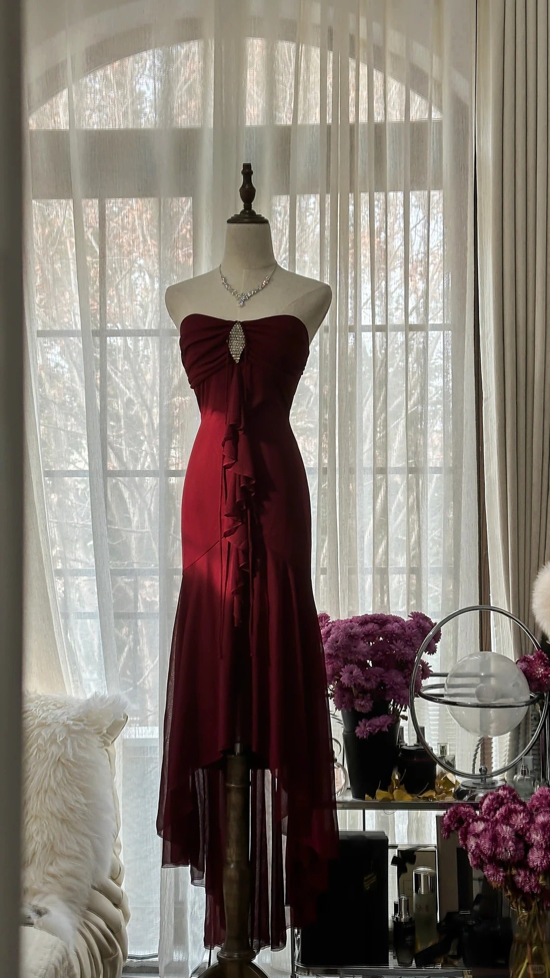 Trendy Mermaid Sweetheart Burgundy Sleeveless Formal Outfits Tea Length Prom Dresses M5P1109