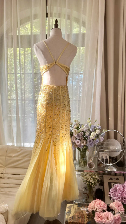 Robe De Soirée Longue Formelle Jaune Sirène Vintage À Bretelles Fines Avec Perles MP1068