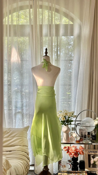 Vintage A line Halter Green Chiffon Formal Gown Tea Length Evening Prom Dresses MP1074