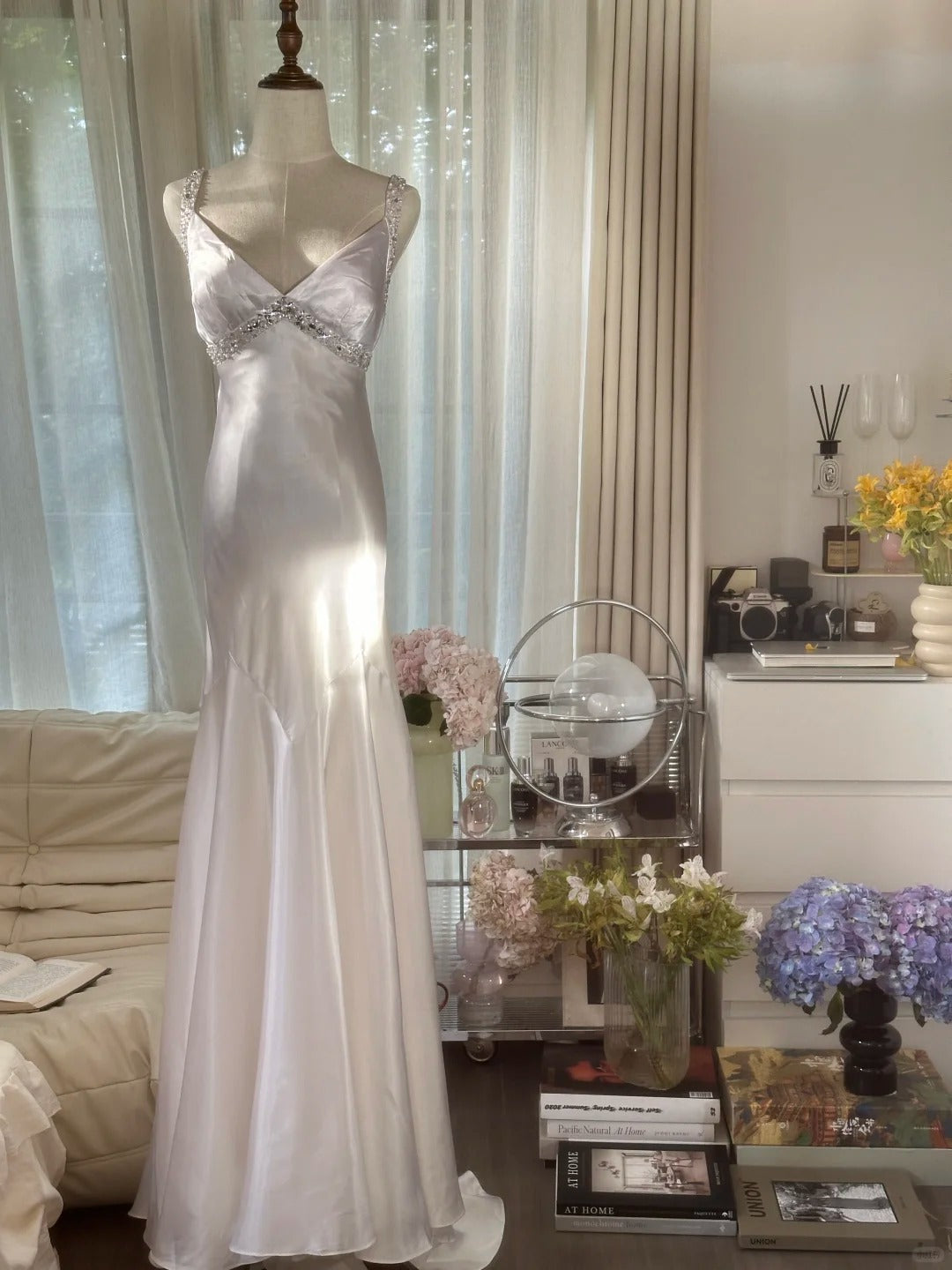 Robe de soirée longue Modest Mermaid, dos nu, en satin blanc, bretelles spaghetti, sans manches, MP1076