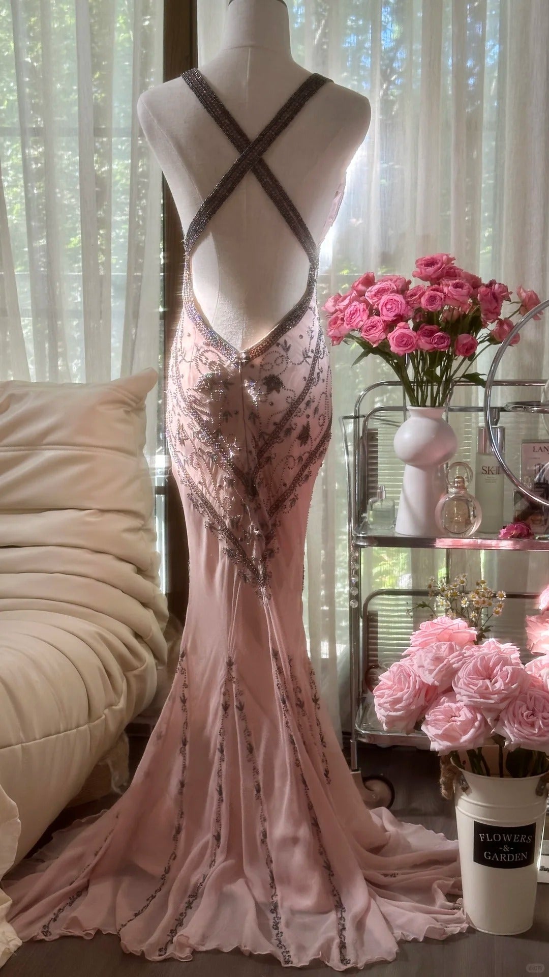 Modest Mermaid V Neck Pink Backless Chiffon Floor Length Sleeveless Formal Gown Evening Prom Dresses MP1075