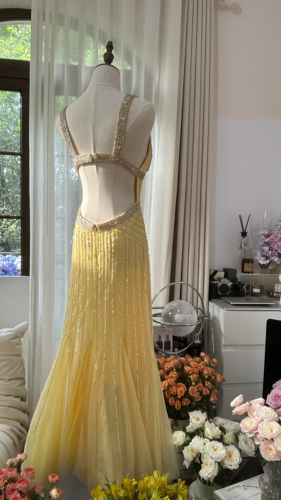 Vintage Meerjungfrau Sweetheart Gelb Rückenfrei Chiffon mit Perlen Abendkleid Lang Ballkleid MP1073