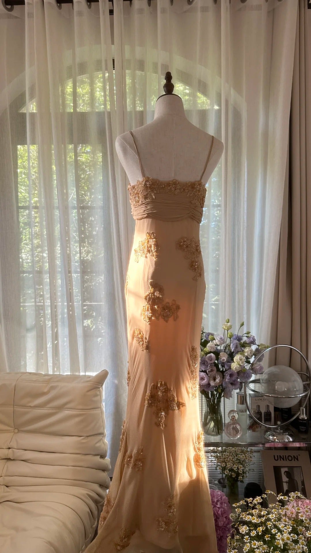 Modest Mermaid Spaghetti Strap Gold Chiffon Floor Length Sleeveless Formal Gown Evening Prom Dresses MP1064