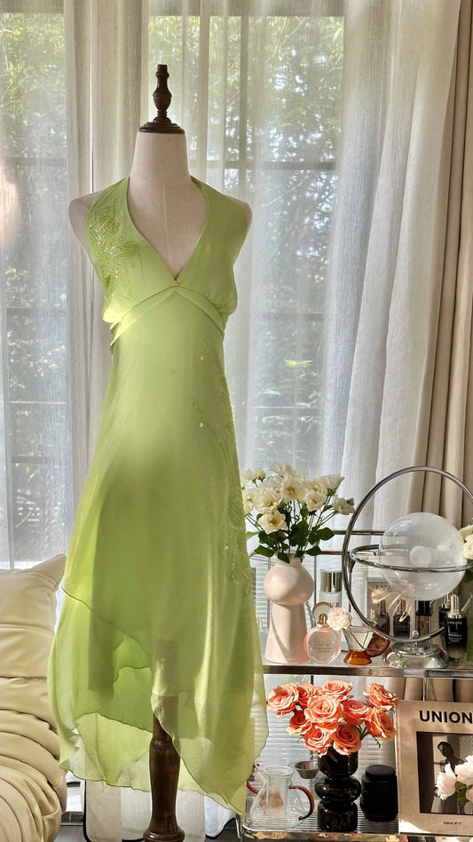 Vintage A line Halter Green Chiffon Formal Gown Tea Length Evening Prom Dresses MP1074