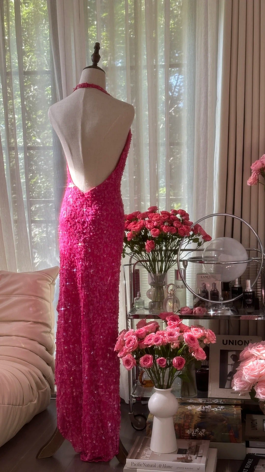 Robes de bal sans manches à paillettes rose vif, licou sirène scintillante, tenues de soirée MP1110