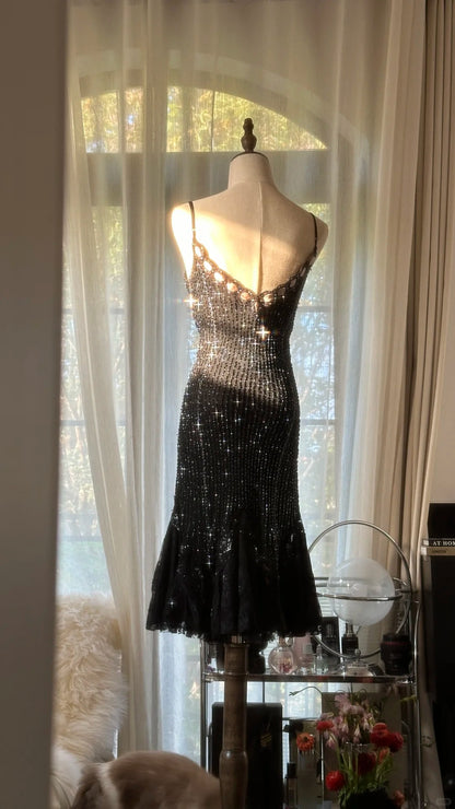 Glitter Homecoming Dresses Mermaid Spaghetti Strap Black Knee Length Cocktail Graduation Outfits MP1136