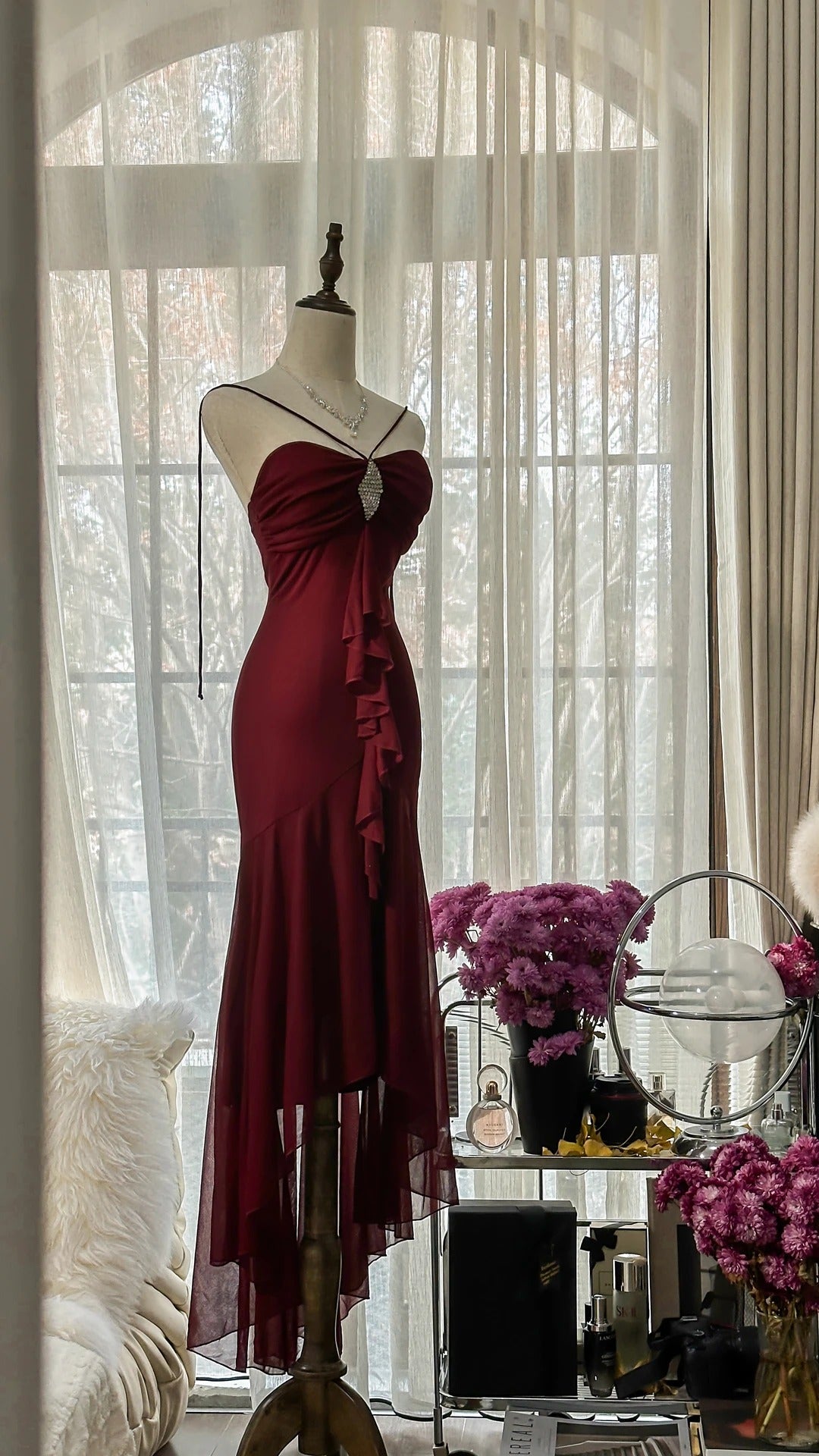 Trendy Mermaid Sweetheart Burgundy Sleeveless Formal Outfits Tea Length Prom Dresses M5P1109