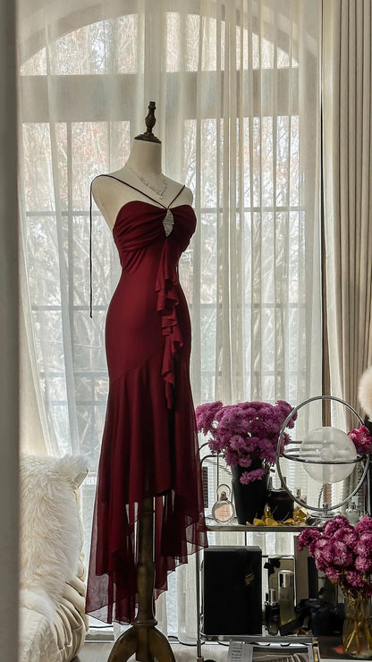 Trendy Mermaid Sweetheart Burgundy Sleeveless Formal Outfits Tea Length Prom Dresses M5P1109