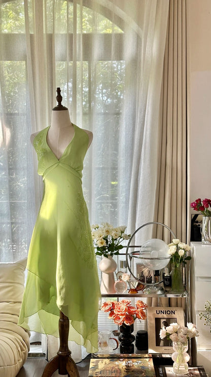 Vintage A line Halter Green Chiffon Formal Gown Tea Length Evening Prom Dresses MP1074
