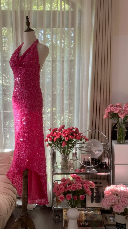 Robes de bal sans manches à paillettes rose vif, licou sirène scintillante, tenues de soirée MP1110