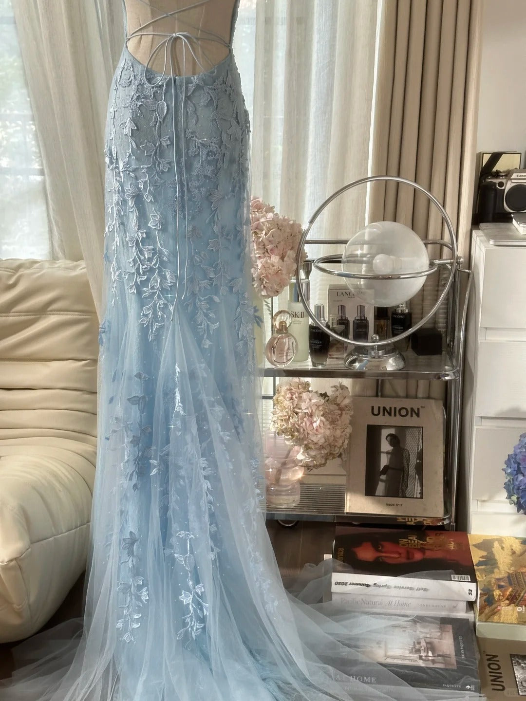 Vintage Mermaid Spaghetti Strap Light Sky Blue Backless Lace Formal Gown Long Evening Night Prom Dresses MP1067