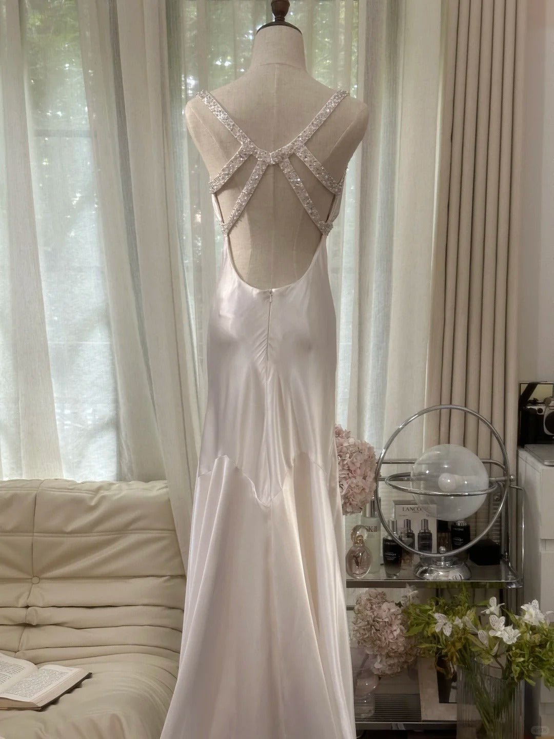 Robe de soirée longue Modest Mermaid, dos nu, en satin blanc, bretelles spaghetti, sans manches, MP1076