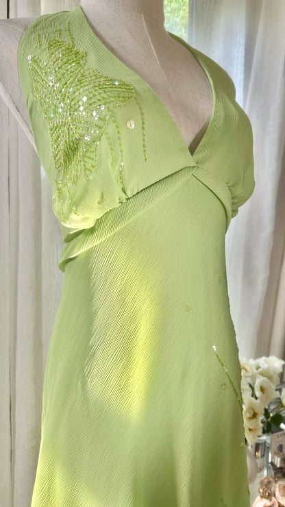Vintage A line Halter Green Chiffon Formal Gown Tea Length Evening Prom Dresses MP1074