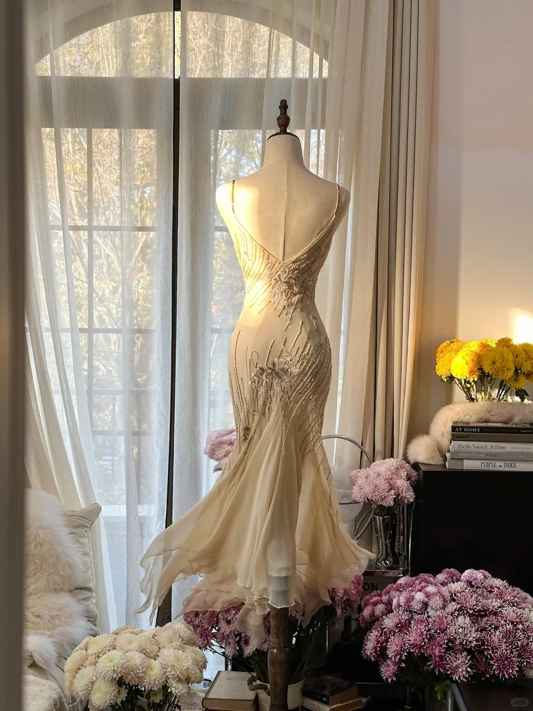 Bescheidene Meerjungfrau Spaghettiträger Champagner Chiffon Bodenlang Ärmelloses Festliches Abendkleid Ballkleid MP1078