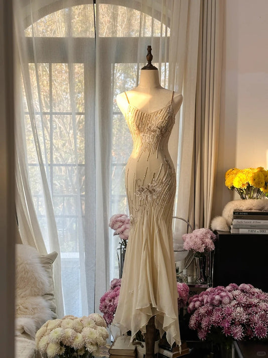 Modest Mermaid Spaghetti Strap Champagne Chiffon Floor Length Sleeveless Formal Gown Evening Prom Dresses MP1078