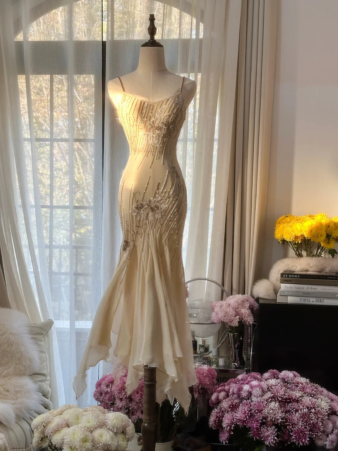 Bescheidene Meerjungfrau Spaghettiträger Champagner Chiffon Bodenlang Ärmelloses Festliches Abendkleid Ballkleid MP1078